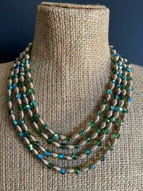 Vintage Multi-Strand Green Crystal Beaded Necklace with Gold Accents